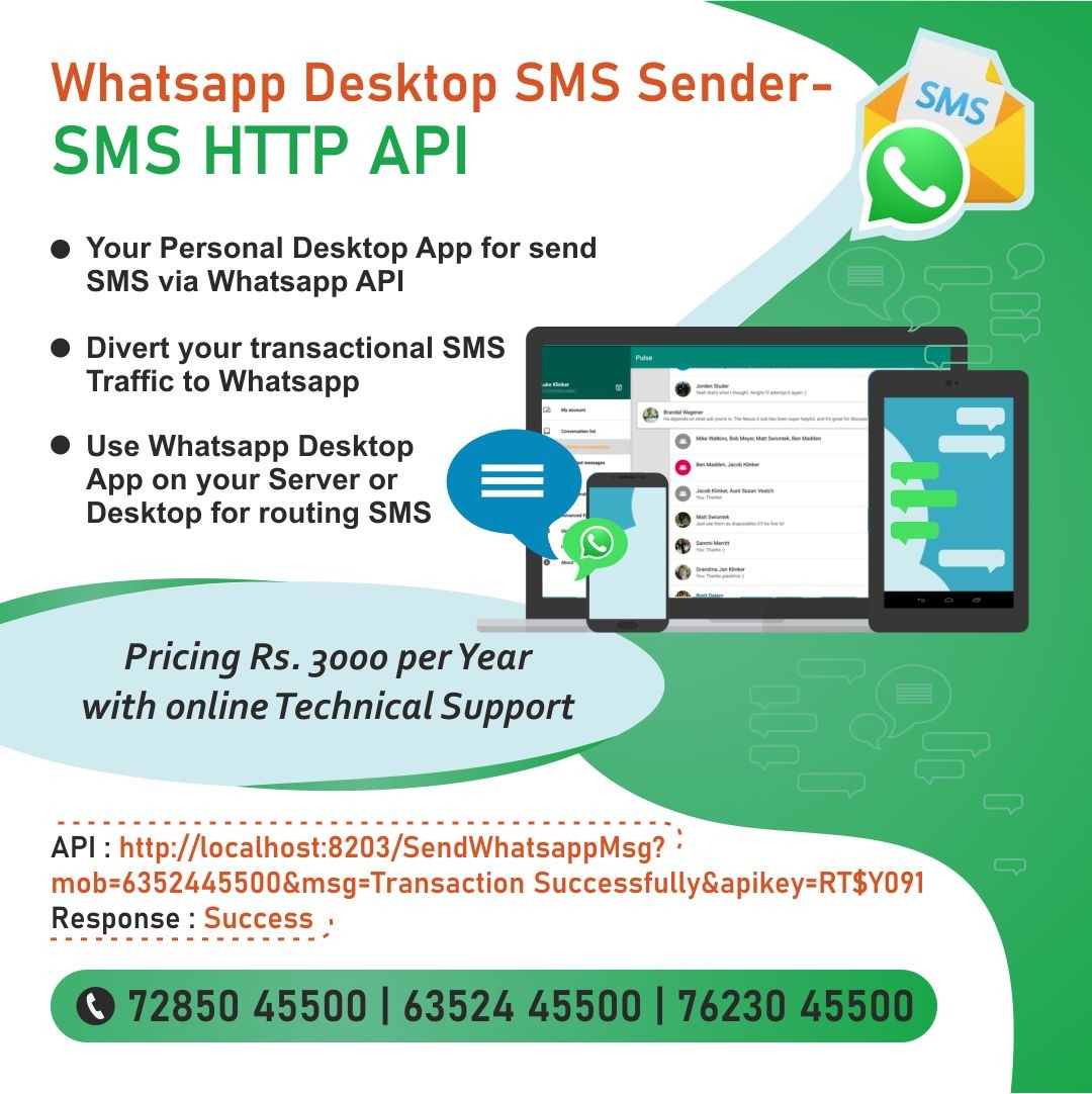Whatsapp Desktop SMS Sender - SMS HTTP API: Divert transactional SMS traffic to Whatsapp, use Whatsapp Desktop App for routing SMS, send SMS via Whatsapp API, ₹3000 per year with online technical support, free demo available, API example provided